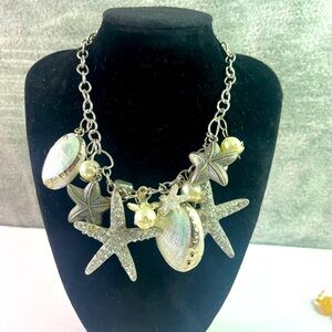 Star Fish and Shells Statement Bib Necklace Nautical 16” Coastal Grandma Beach